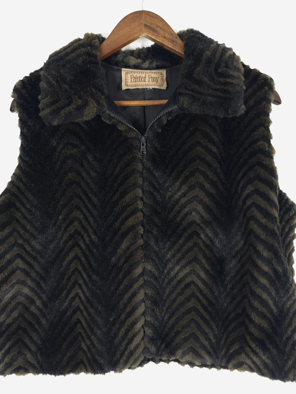 Painted Pony Faux Fur Chevron Zip Vest Black Olive Women’s